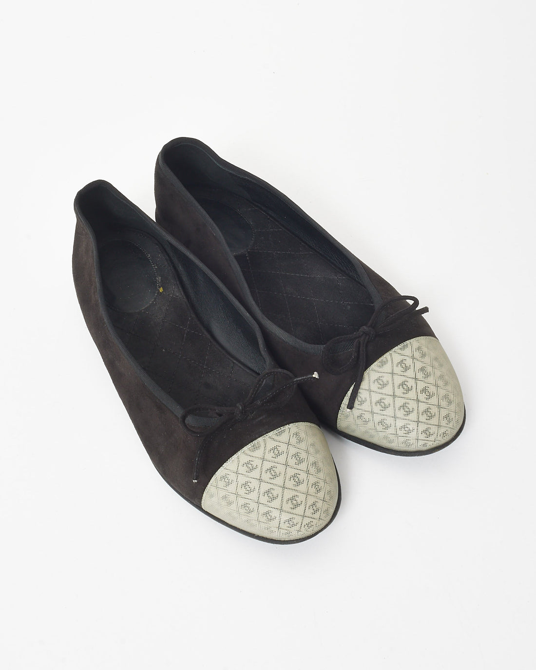 Chanel   Black Suede Logo Cap Toe Ballerina Flats - 39