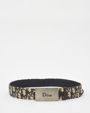 Dior   Navy Blue Oblique Canvas Silver Plaque Belt - 90