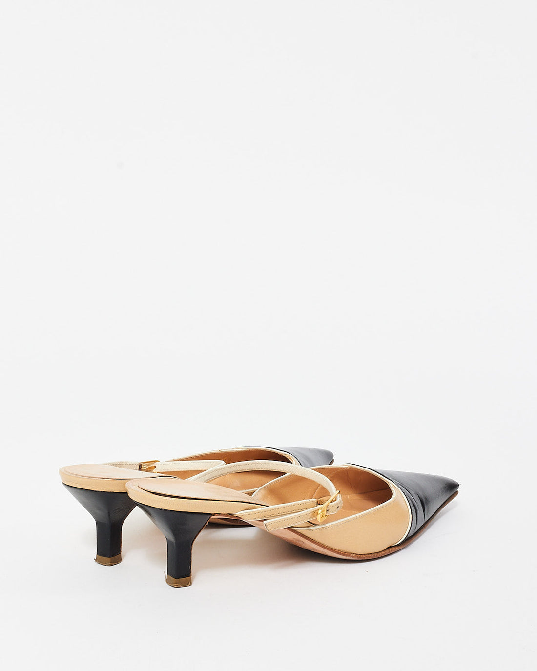 Chanel   Beige & Black Cap Toe Mule Pumps - 35.5