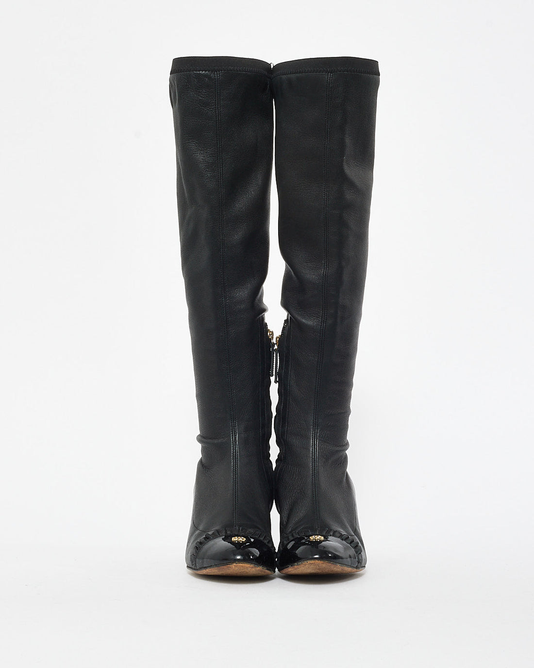 Chanel   Black Lambskin Patent Cap Toe Knee High Stretch Boots - 35.5
