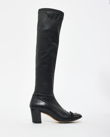Chanel   Black Lambskin Patent Cap Toe Knee High Stretch Boots - 35.5