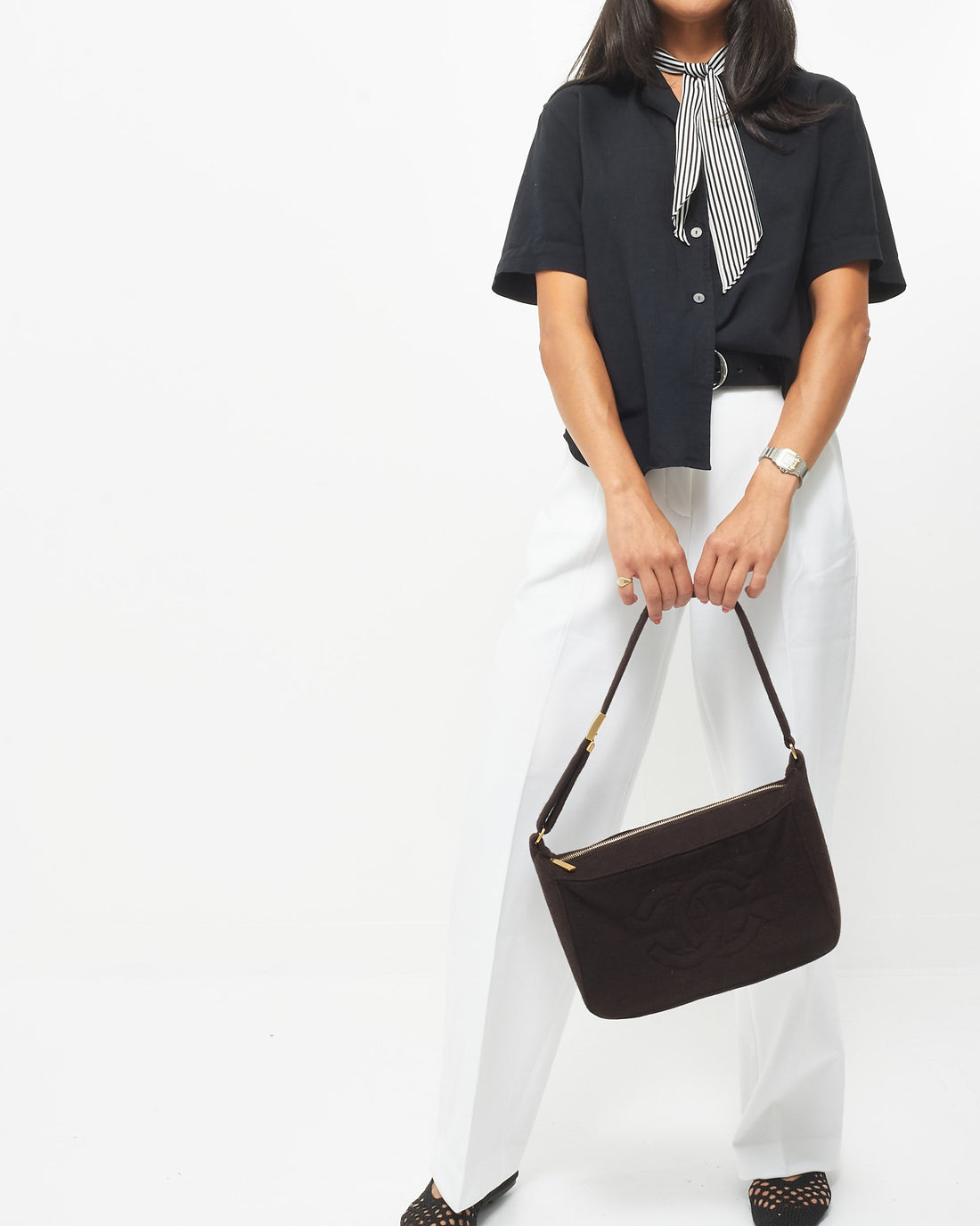 Chanel   Dark Brown Cloth Chocolate Bar Shoulder Bag