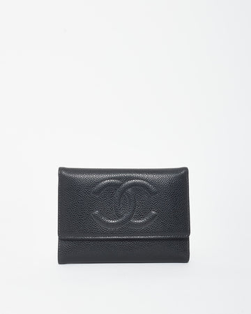 Chanel   Black Caviar Leather Embossed Logo Flap Wallet