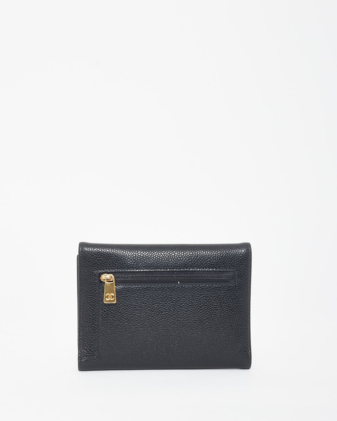 Chanel   Black Caviar Leather Embossed Logo Flap Wallet