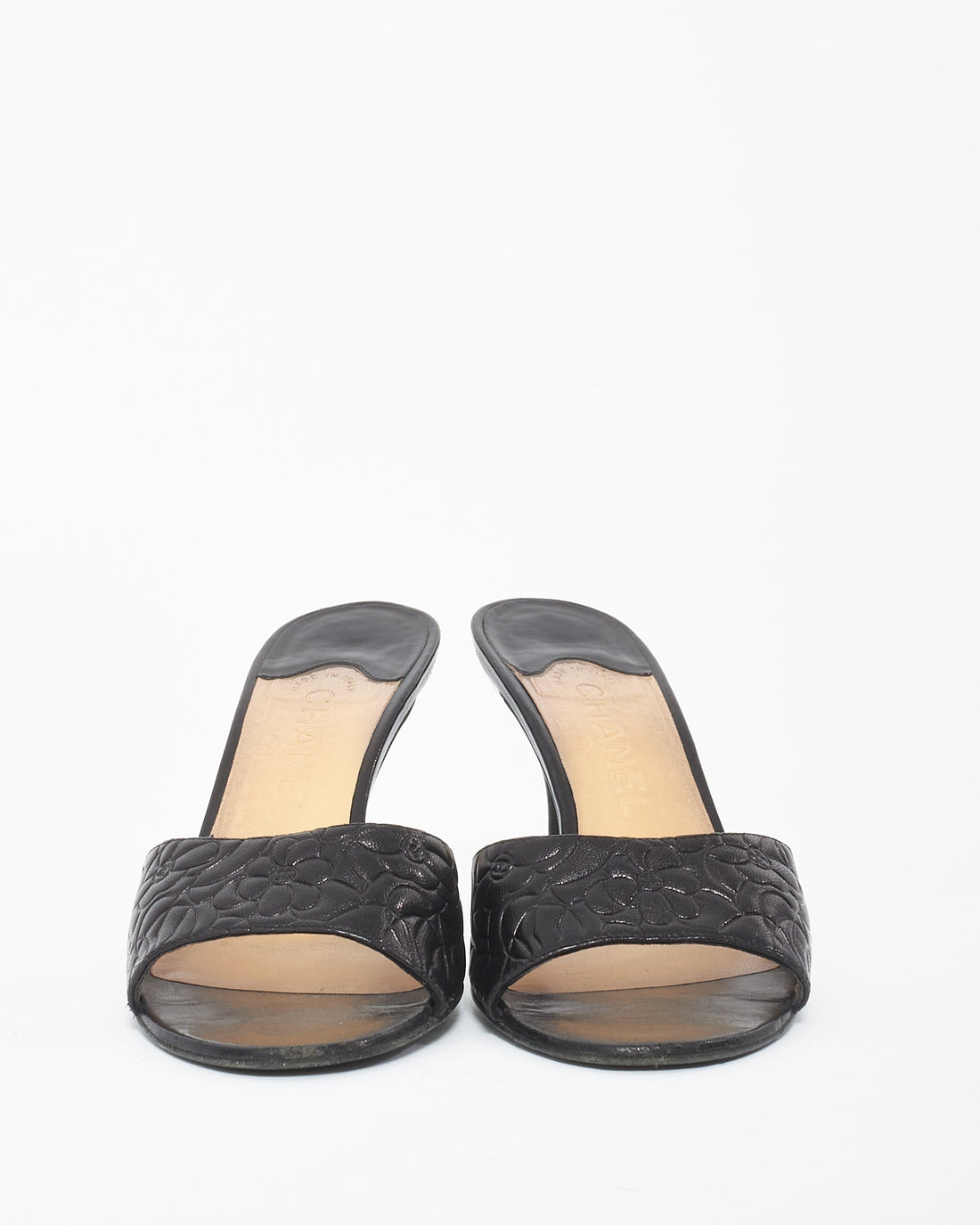 Chanel   Black Leather Camelia Mule Heel Sandals - 38