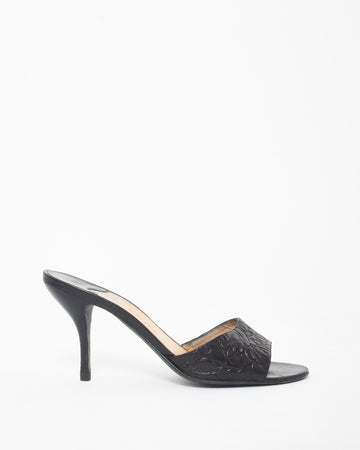 Chanel   Black Leather Camelia Mule Heel Sandals - 38