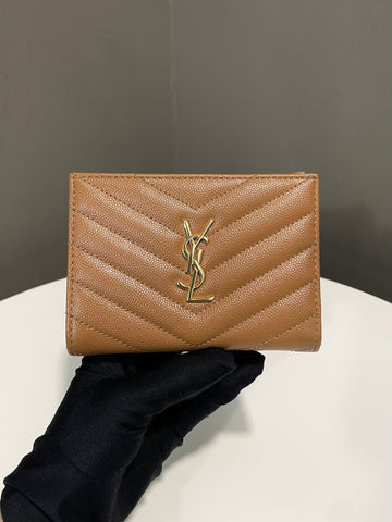 Saint Laurent Cassandre Zip Card Holder Tan Caramel Grained Leather