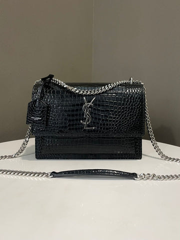 Saint Laurent Sunset Bag  Black Croc Embossed Leather