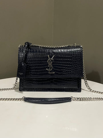 Saint Laurent Sunset Bag Midnight Blue Croc Embossed Leather