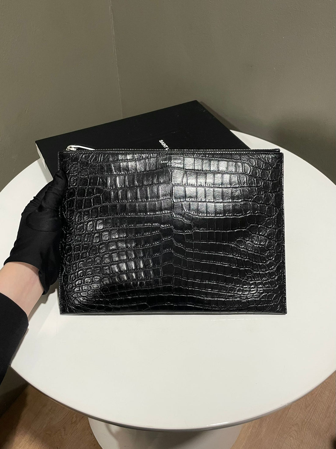 Saint Laurent Zip Pouch Clutch Black Croc Embossed