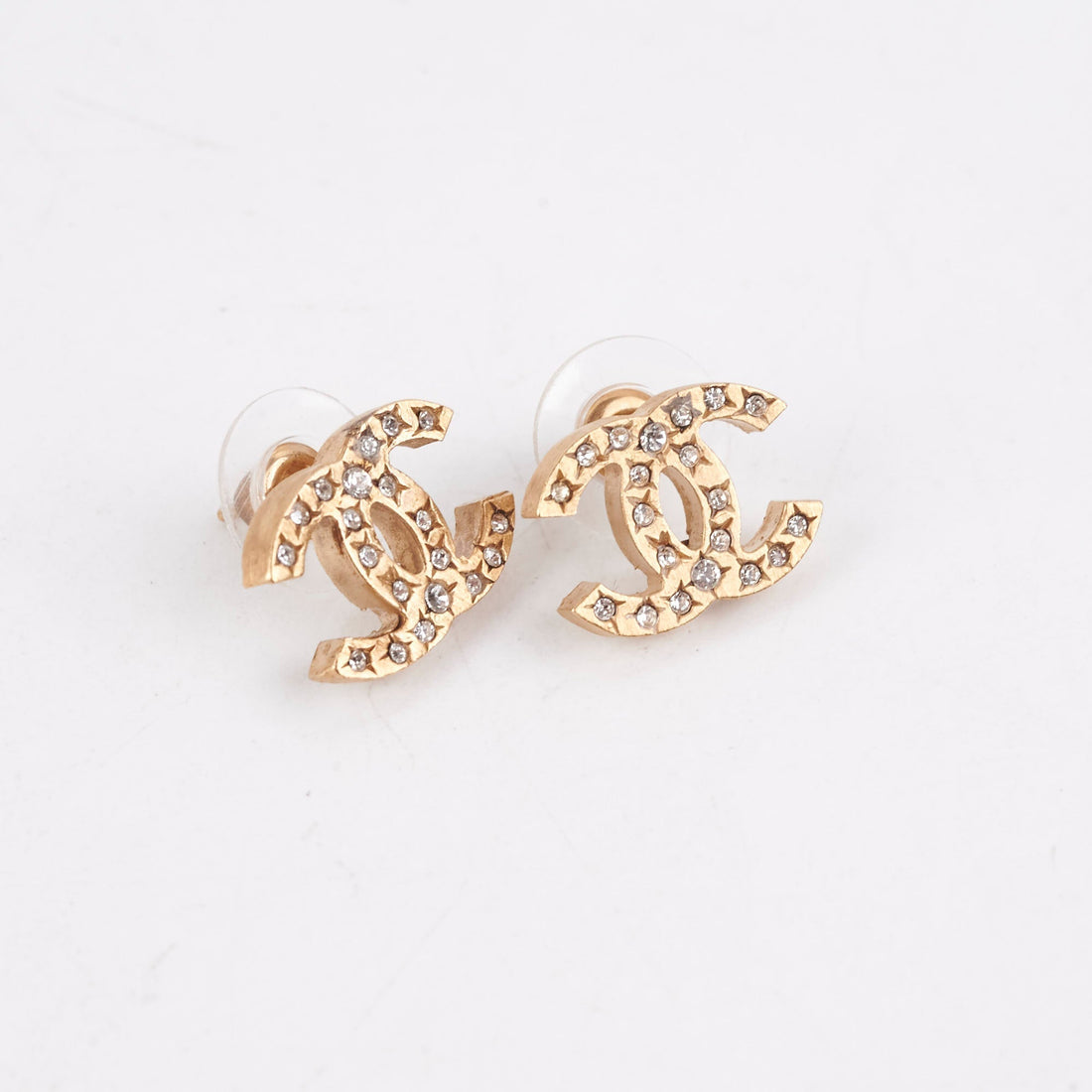 Chanel CC Logo Rhinestone Gold Earrings Costume Jewellery