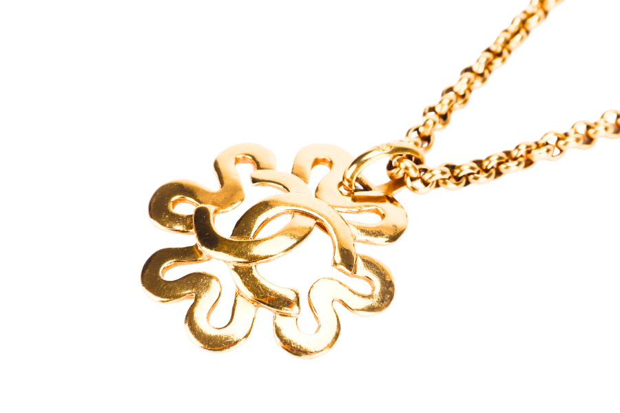 CHANEL   GOLD PLATED NECKLACE 58CM ROUND CLOVER SHAPE CC PENDANT, NO BOX