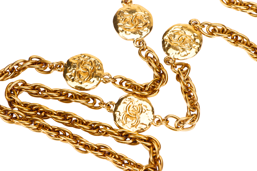 CHANEL   GOLD PLATED NECKLACE 80CM 4 GOLD PLATED PENDANTS CC ENGRAVES, NO BOX