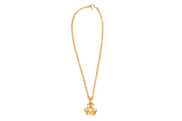 CHANEL   GOLD PLATED NECKLACE 58CM ROUND CLOVER SHAPE CC PENDANT, NO BOX