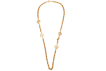 CHANEL   GOLD PLATED NECKLACE 80CM 4 GOLD PLATED PENDANTS CC ENGRAVES, NO BOX
