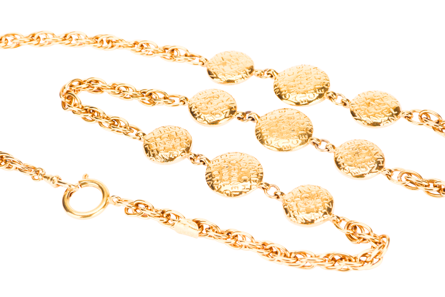 CHANEL   GOLD PLATED NECKLACE 88CM NINE GOLD PLATED PENDANTS WITH FONTS ENGRAVES, NO BOX