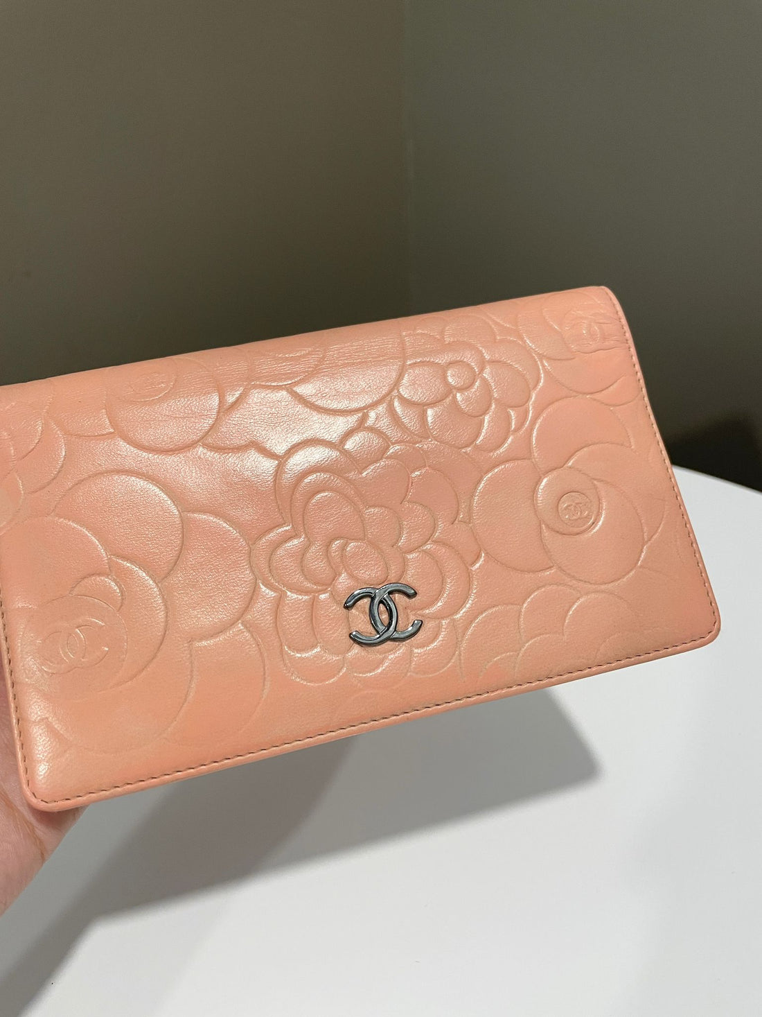 Chanel Camellia Embossed Wallet Light Coral Calfskin