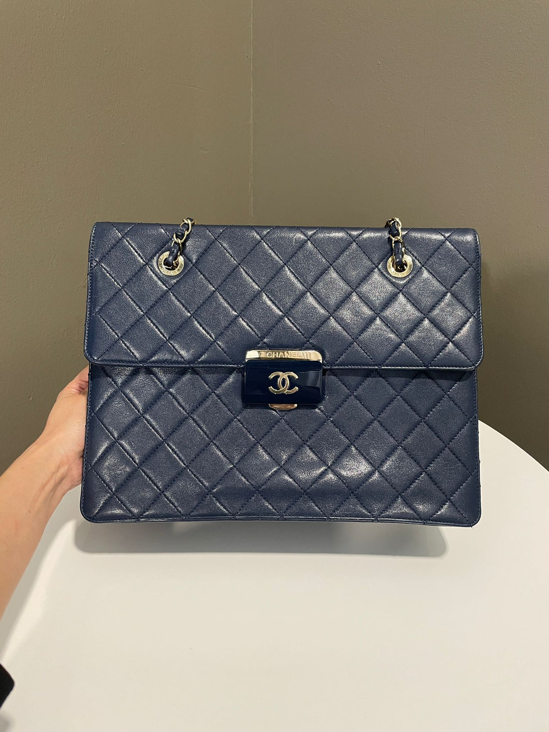 Chanel Quilted Large Shopper Tote Blue Grainy Goatskin