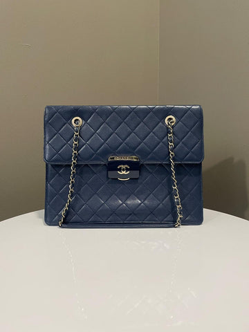 Chanel Quilted Large Shopper Tote Blue Grainy Goatskin
