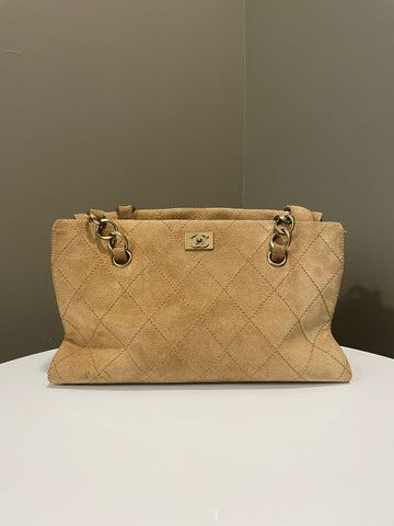 Chanel   Quilted Shoulder Tote Camel Suede