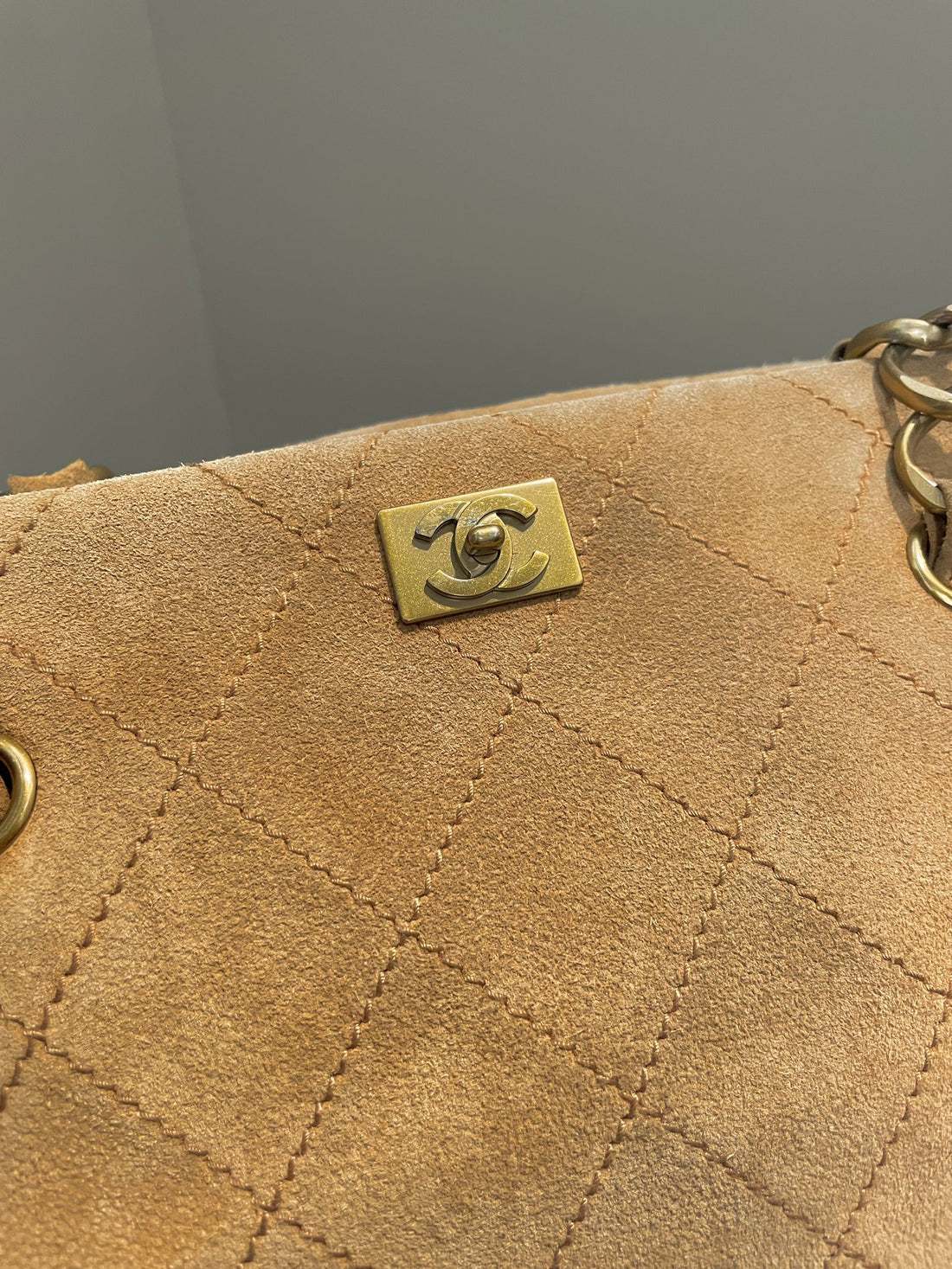 Chanel   Quilted Shoulder Tote Camel Suede