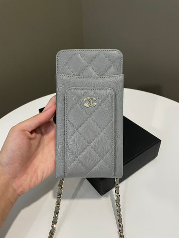Chanel Quilted Phone Holder with Chain Grey Caviar