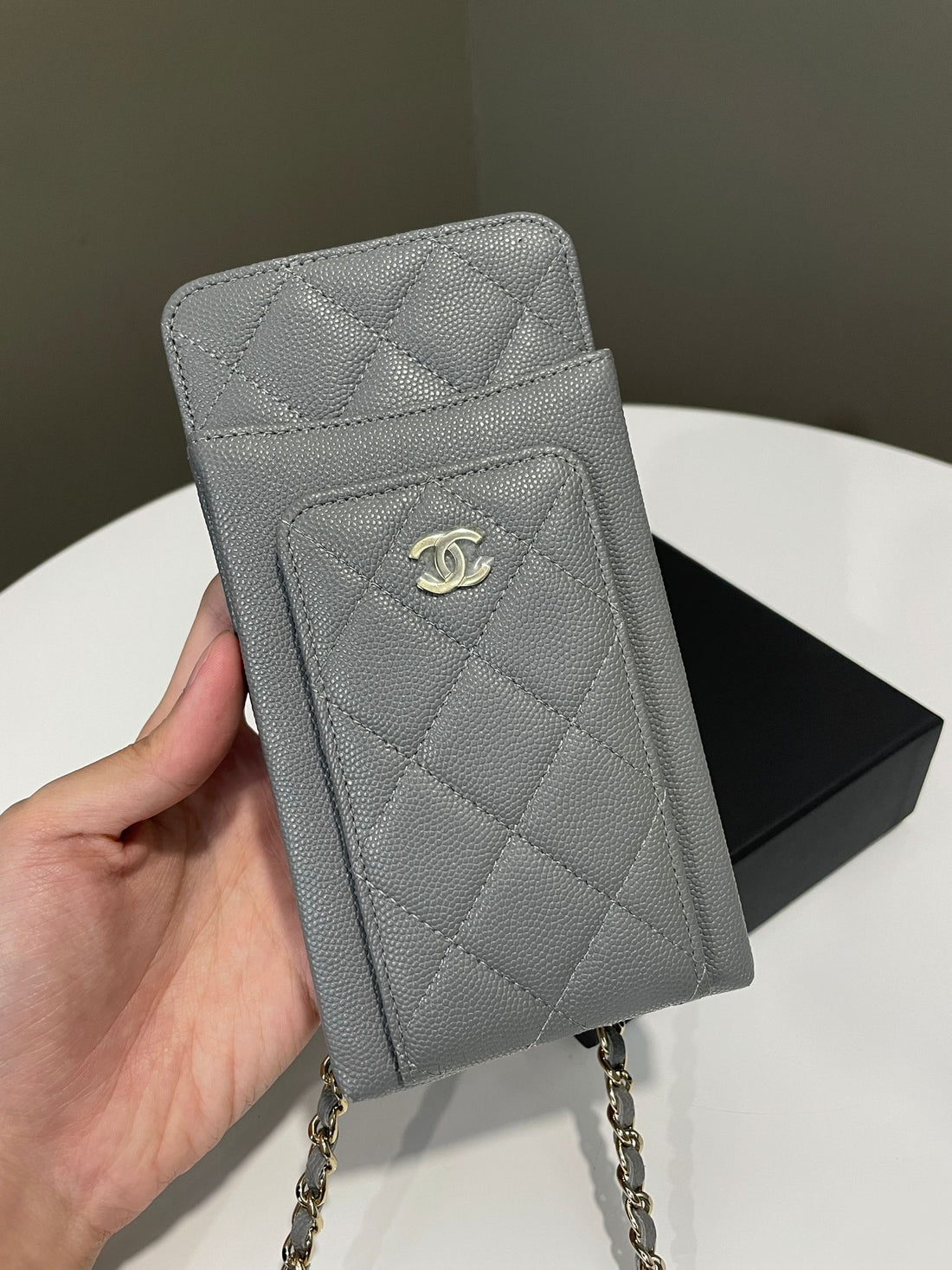 Chanel Quilted Phone Holder with Chain Grey Caviar