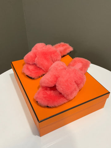 Hermes Oran Sandals Rose Du Désert Shearling Size 37.5