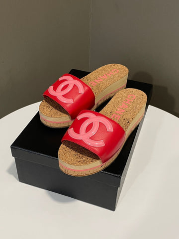Chanel CC Platform Slide Sandals Pink / Red Calfskin / Cork Size 38 C