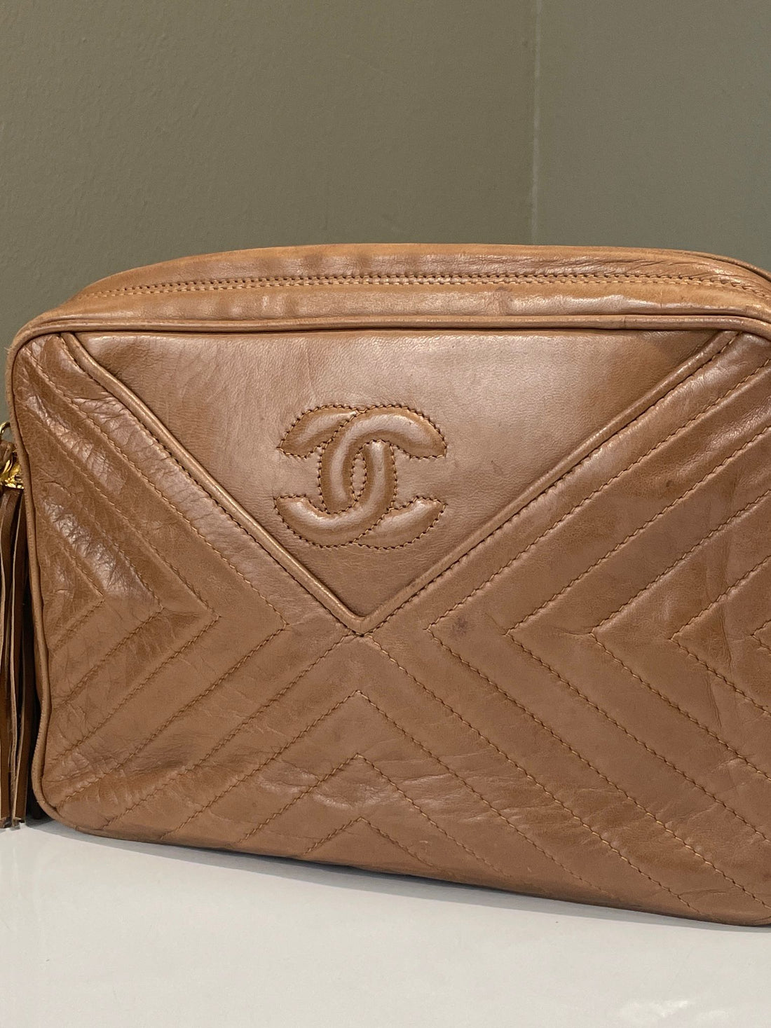 Chanel   Chevron Camera Bag Tan Camel Lambskin