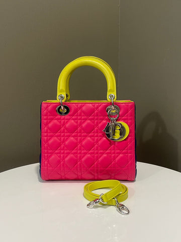 Dior Classic Lady Dior Tri-Color Pink/ Neon /Blue Lambskin