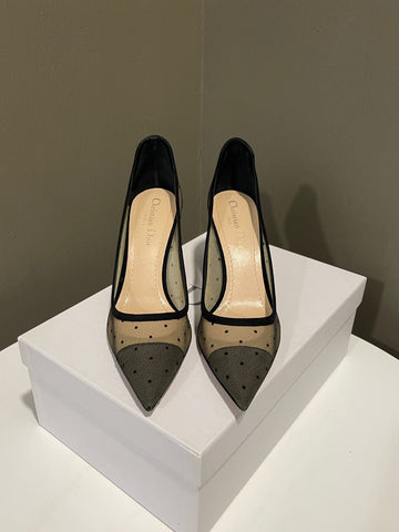 Dior D Moi Dotted Heel Black Mesh Size 37.5 D