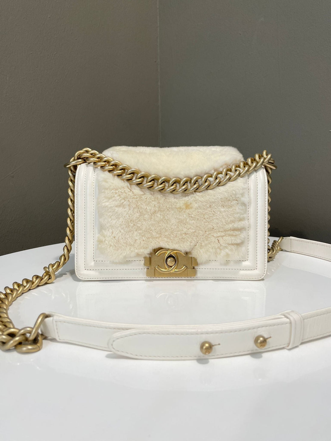 Chanel 17B Fur Small Boy White Calfskin / Rabbit Fur