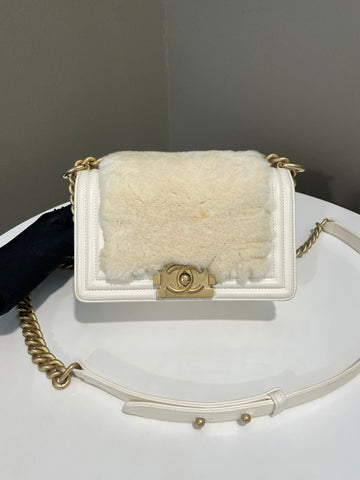 Chanel 17B Fur Small Boy White Calfskin / Rabbit Fur