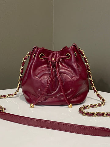 Chanel CC Chain Bucket Drawstring Bag Red Glazed Aged Calfskin