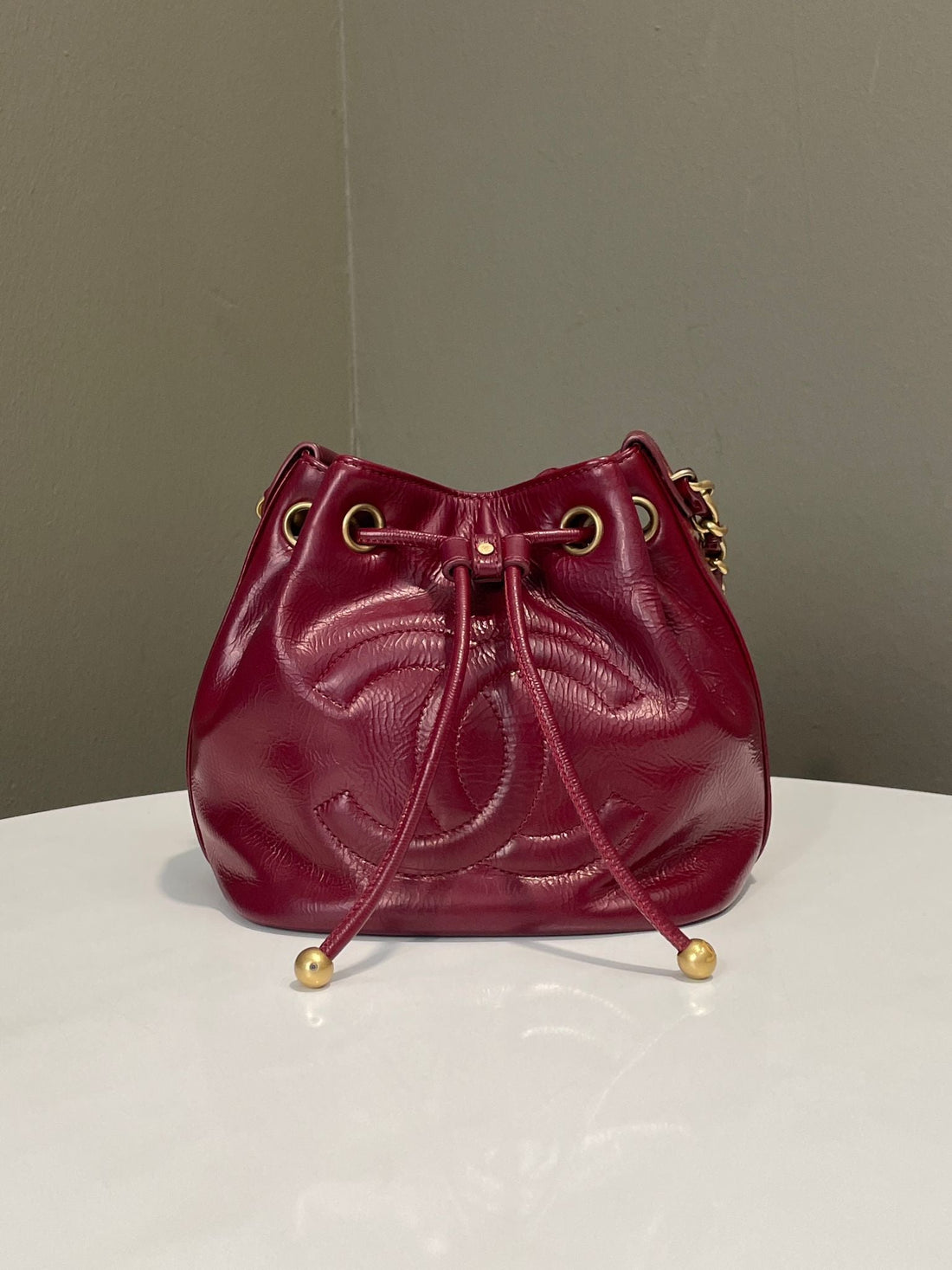 Chanel CC Chain Bucket Drawstring Bag Red Glazed Aged Calfskin