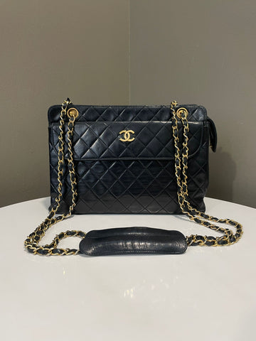 Chanel   Cc Long Chain Tote Bag  Black Lambskin