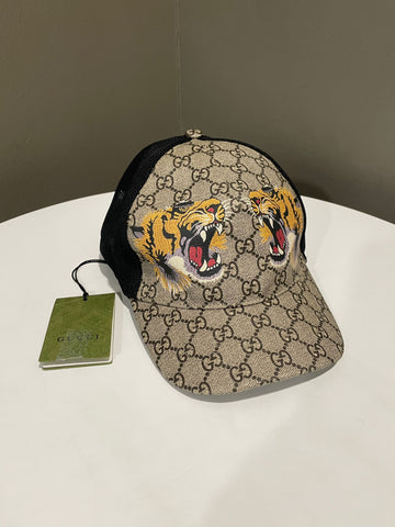 Gucci Tiger Baseball Cap  Beige Black GG Supreme canvas