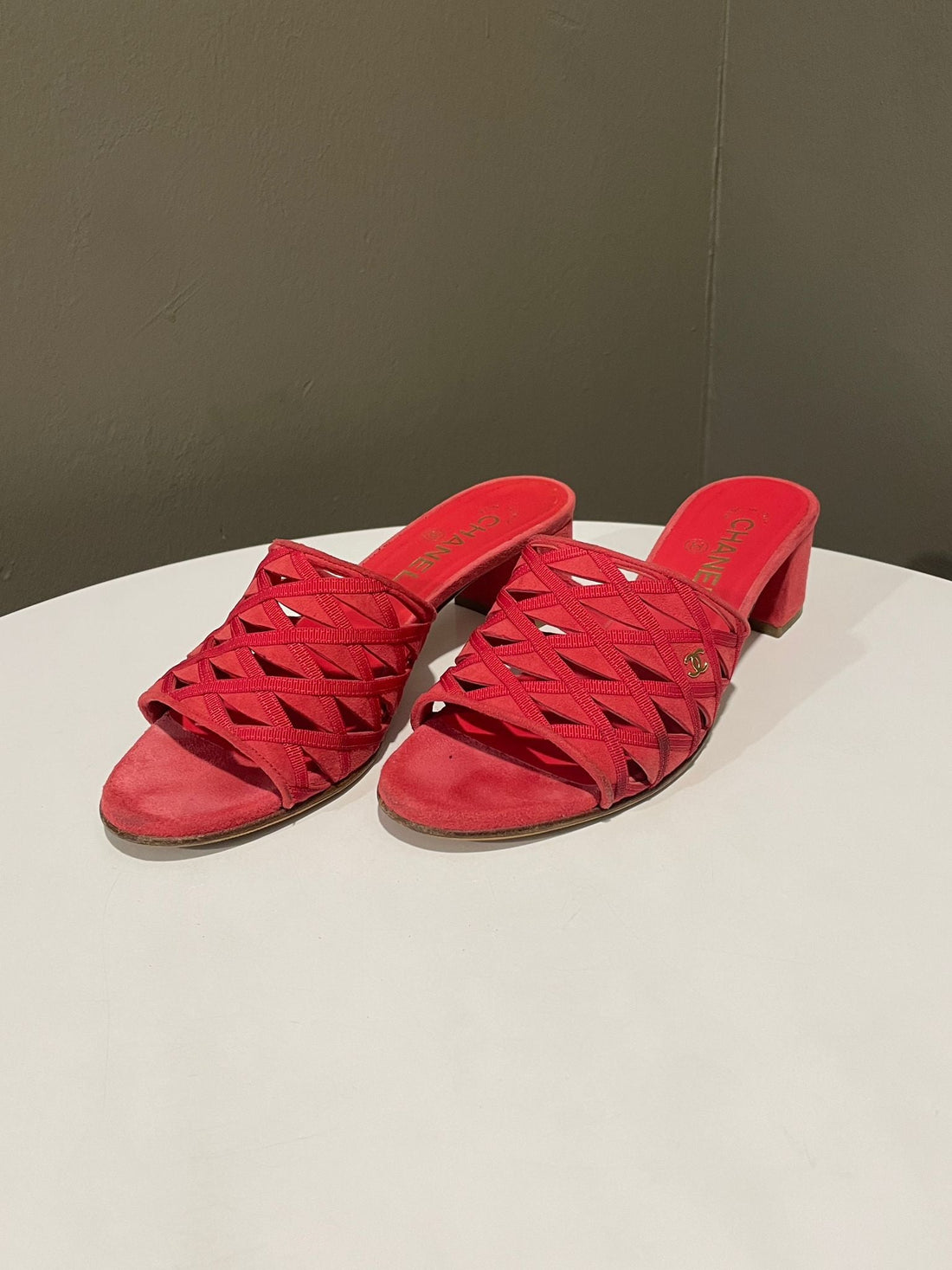 Chanel Suede Kidskin Mules Grosgrain Red GHW Size 38 C