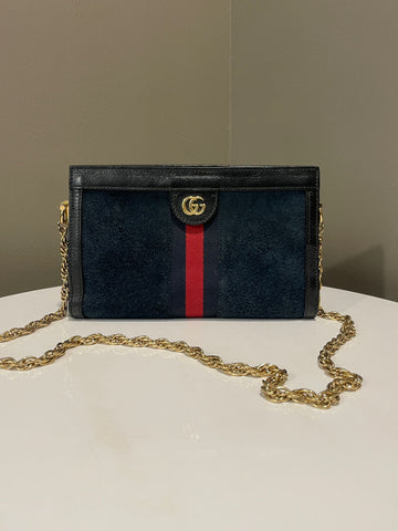 Gucci Ophidia Chain Crossbody Bag Blue / Black Suede