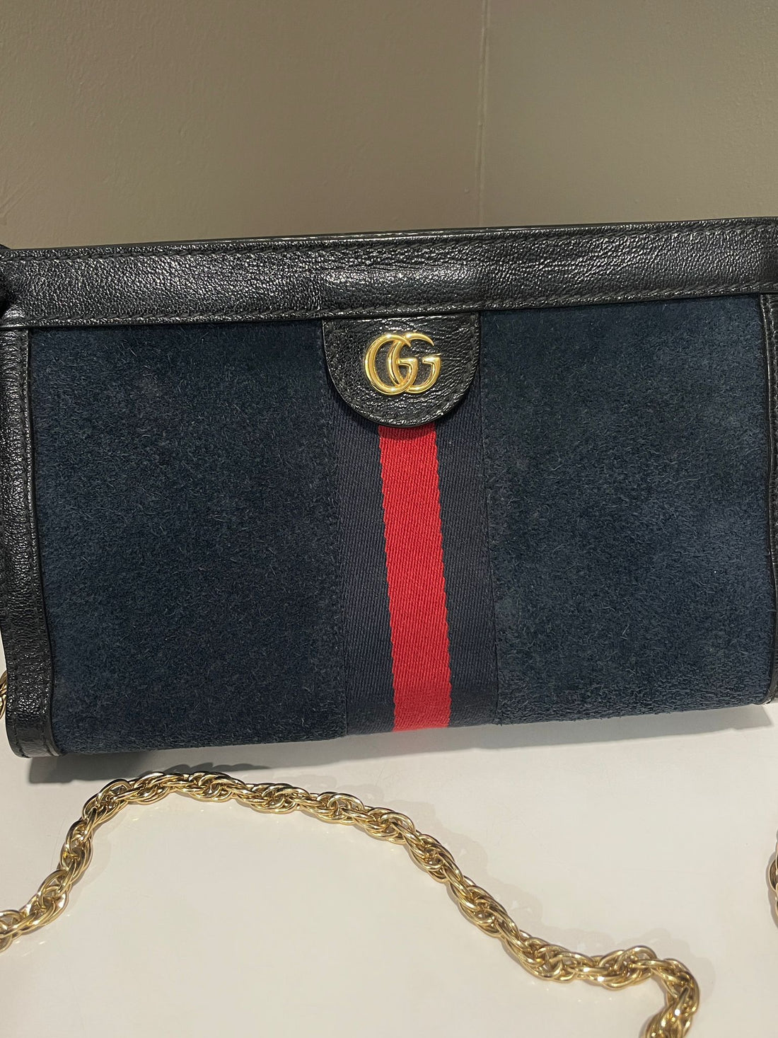 Gucci Ophidia Chain Crossbody Bag Blue / Black Suede