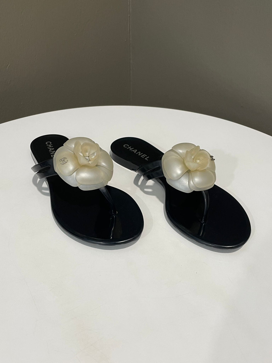 Chanel Camellia Thongs Black/ Rubber Size 36