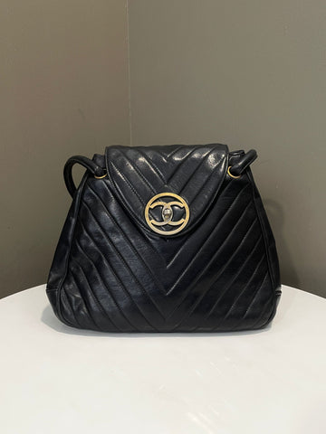Chanel   Chevron Cc Shoulder Bag Black Lambskin