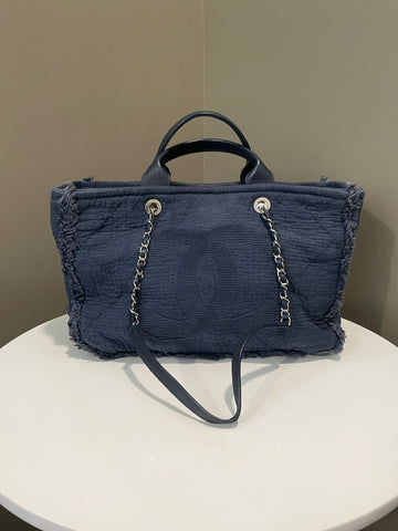 Chanel Top Handle Shopper Fringe Tote Dark Denim Blue
