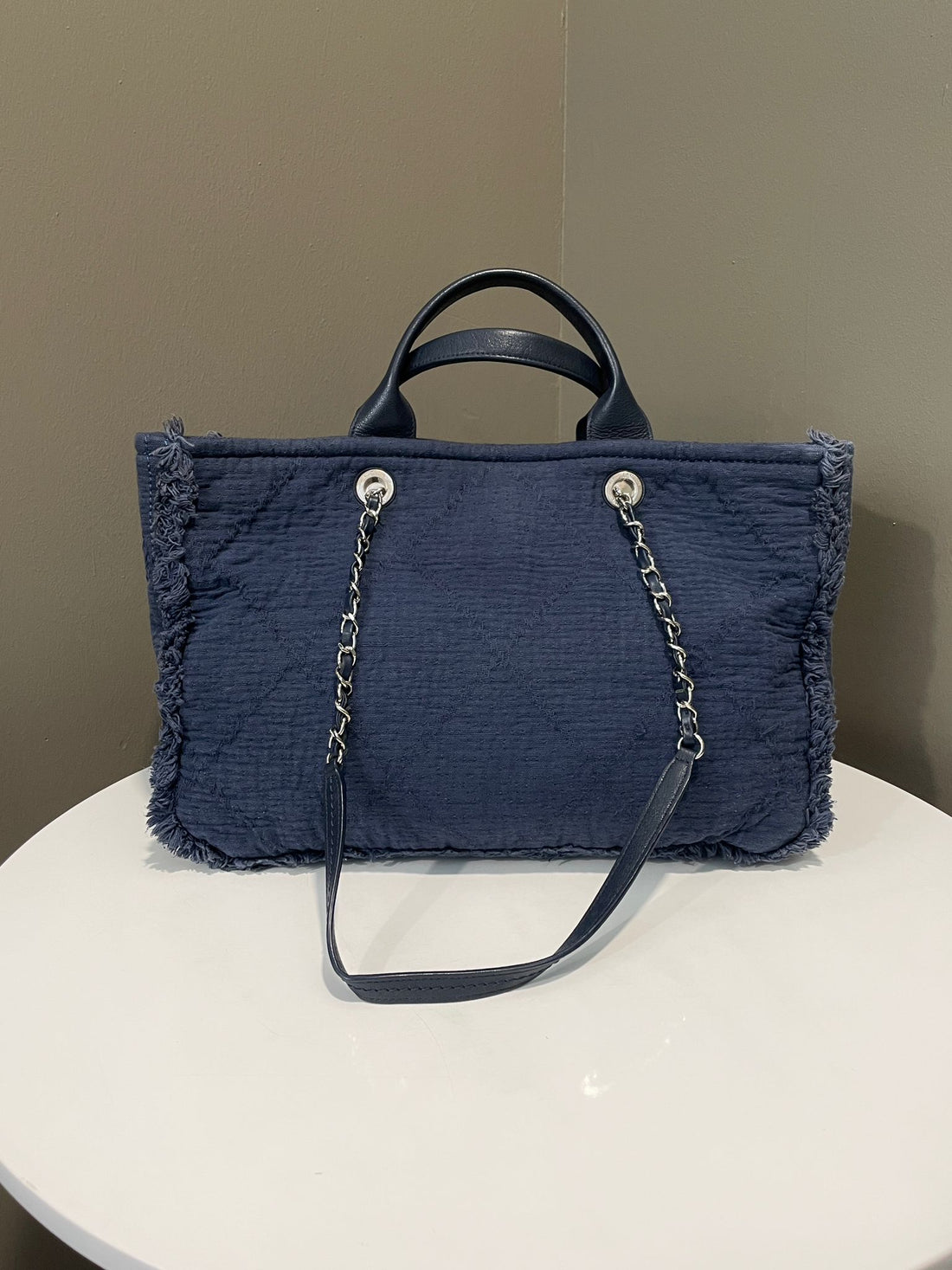 Chanel Top Handle Shopper Fringe Tote Dark Denim Blue