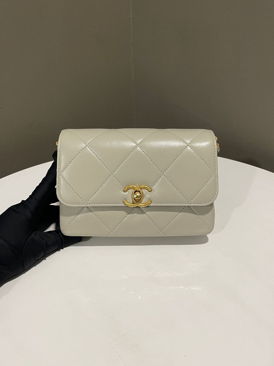 Chanel Enamel Letter Chain Mini Flap Bag Light Grey Lambskin