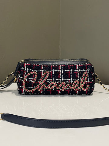 Chanel Round Bowling Bag  Dark Navy / Red Tweed