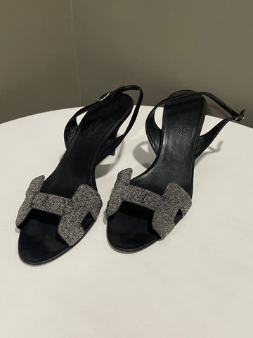 Hermes Meteorite Night Sandals Silver / Black Suede Size 37.5