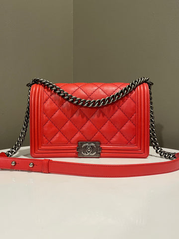 Chanel Quilted Stitch Boy New Medium Red Calfskin
