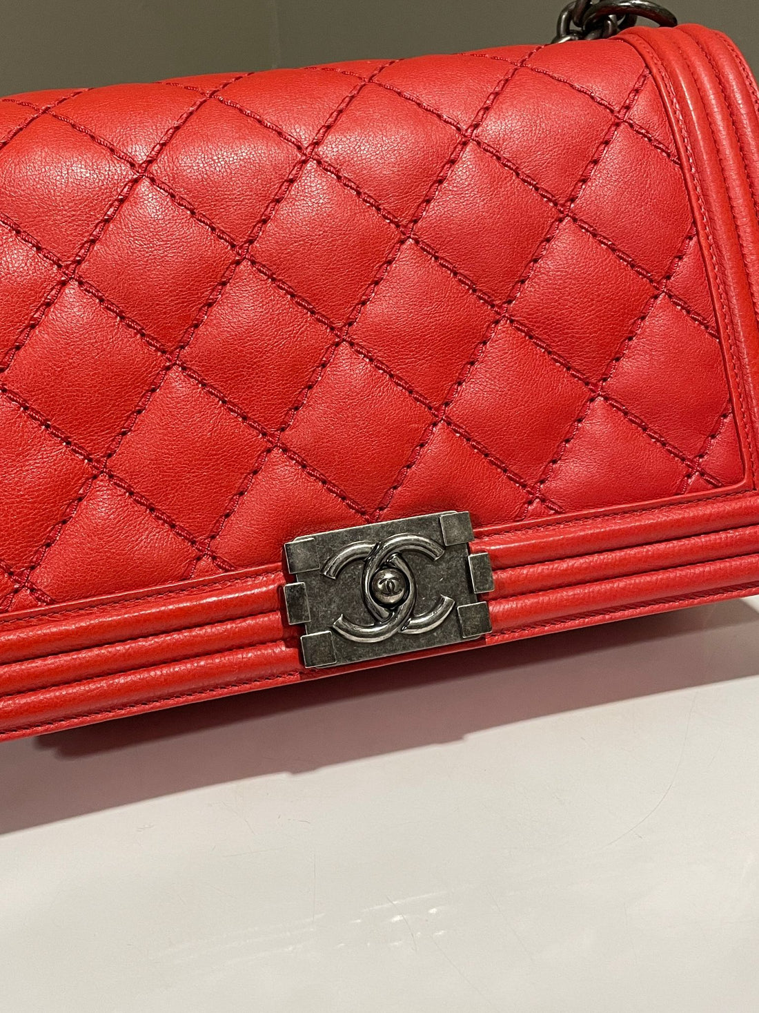 Chanel Quilted Stitch Boy New Medium Red Calfskin